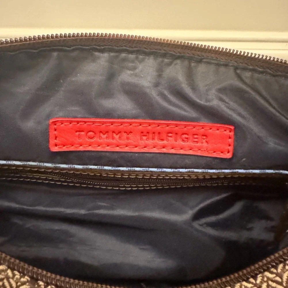 Vtg Y2K Tommy Hilfiger Logo Brown Purse Shoulder Bag Fall Herringbone‎ EUC